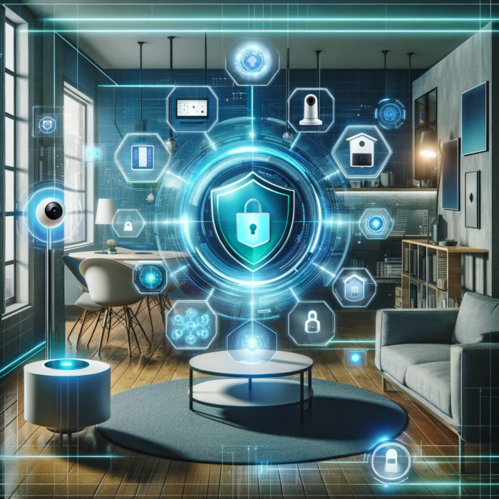 SMART SECURITY : illustrating the concept of secure Internet of Things (IoT) in a smart home environment. These images showcase various IoT devices like a smart thermostat, security camera, and smart lights, all connected to a central holographic security system. The modern living room setting with contemporary furniture complements the futuristic theme.