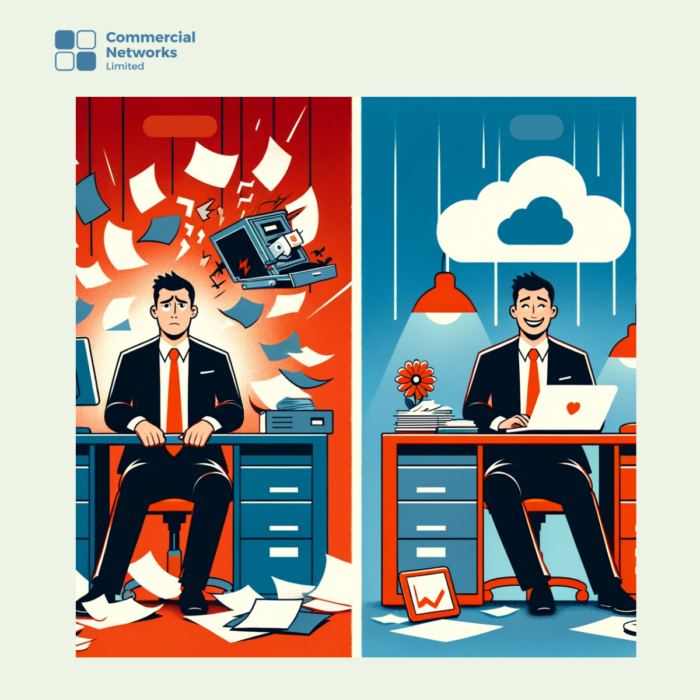 An illustration depicting a 'before and after' scenario - one side showing a stressed business owner with lost data (reflecting the Google Drive incident), and the other side showing a relaxed owner who has secure data  backups in place.