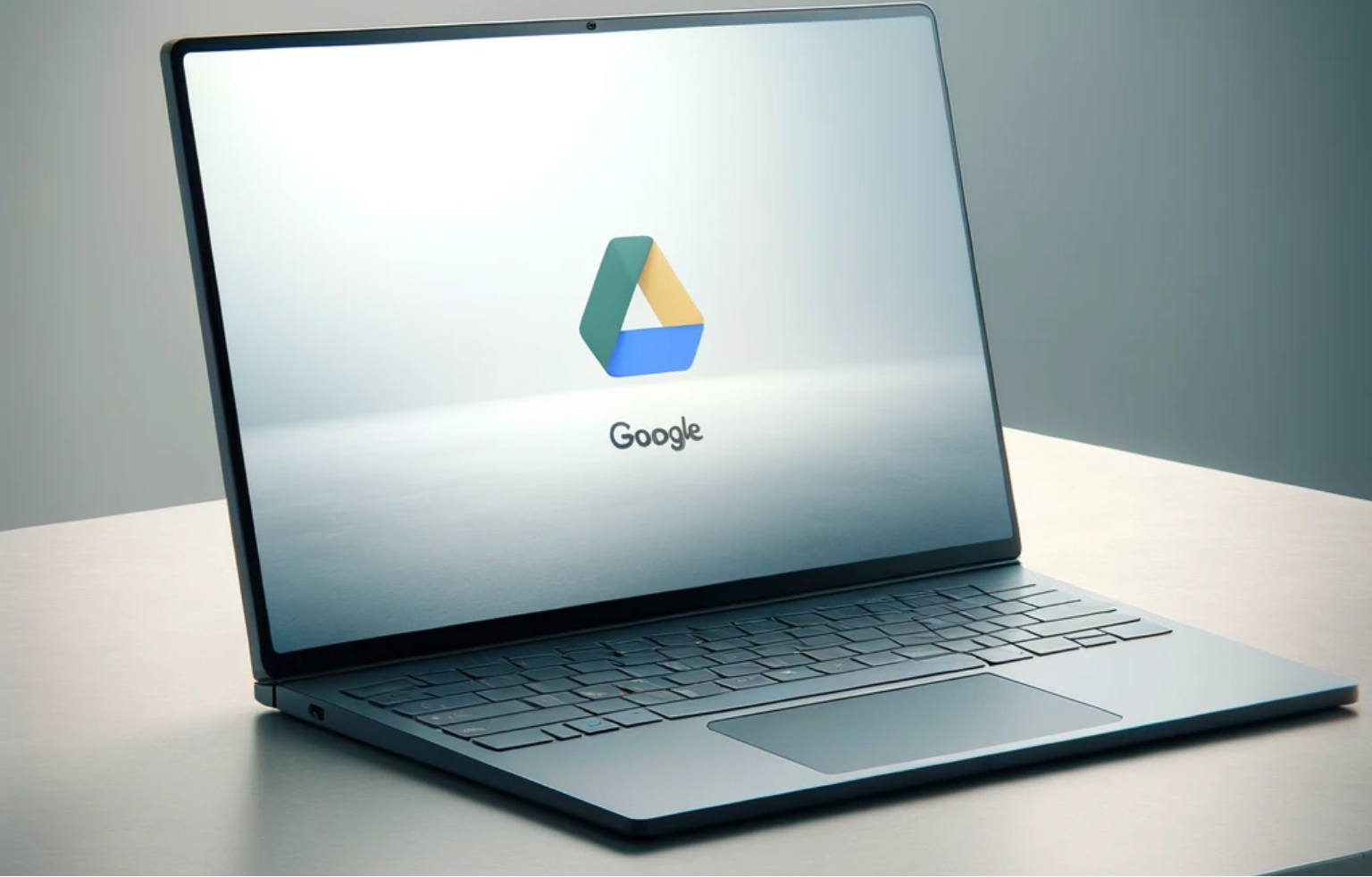 A-modern-sleek-laptop-with-a-high-resolution-screen-displaying-the-Google-Drive-symbol.-The-laptop-is-placed-on-a-minimalist-desk-emphasizing-data back up